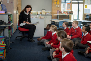 Kindergarten teacher at Kingsway Christian College reading to kindergarten students